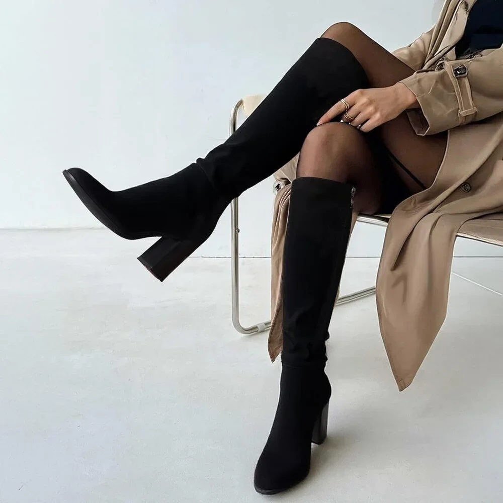 Women's Suede Black Knee High Boots Round Toe Side Zip Chunky Heel Rubber